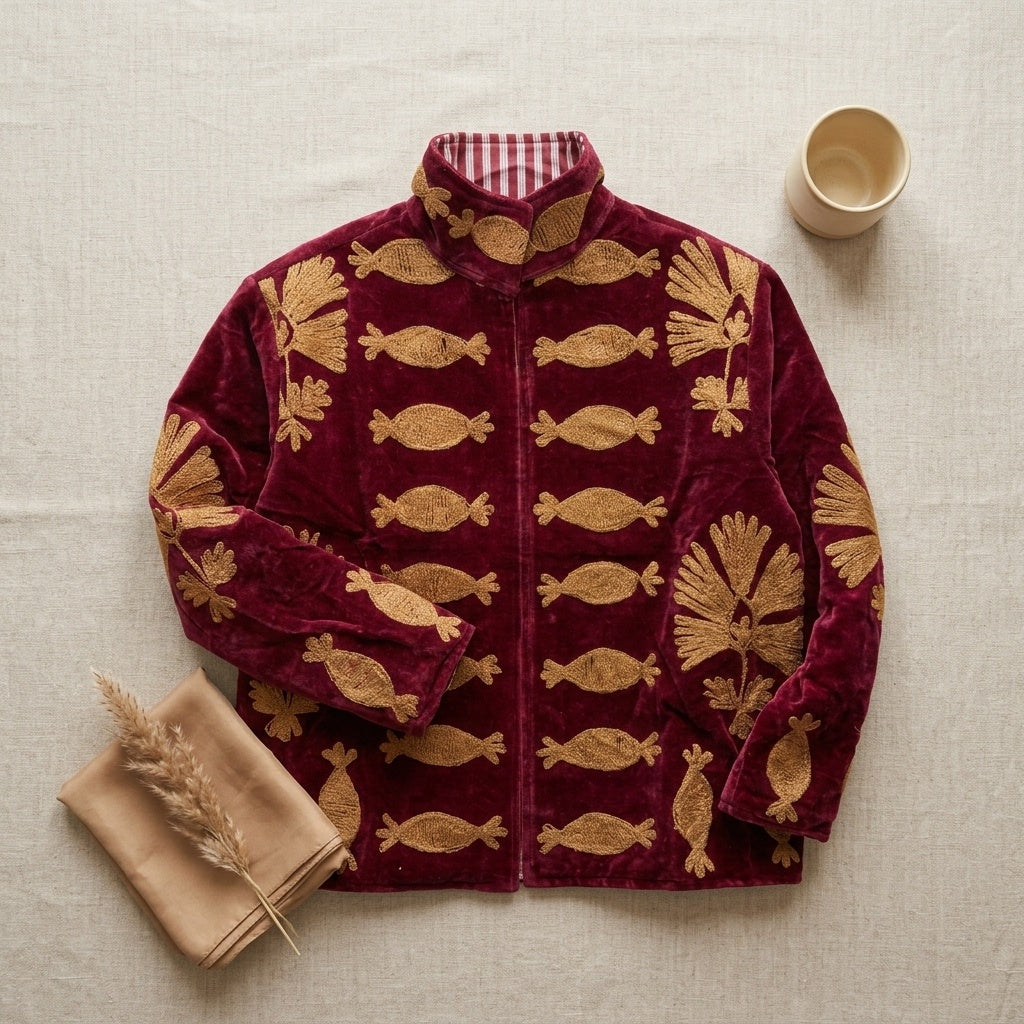 The Machli Bagh — Suzani Hand-Embroidered Velvet Jacket — Deep Maroon with Golden Fish & Palm Motifs