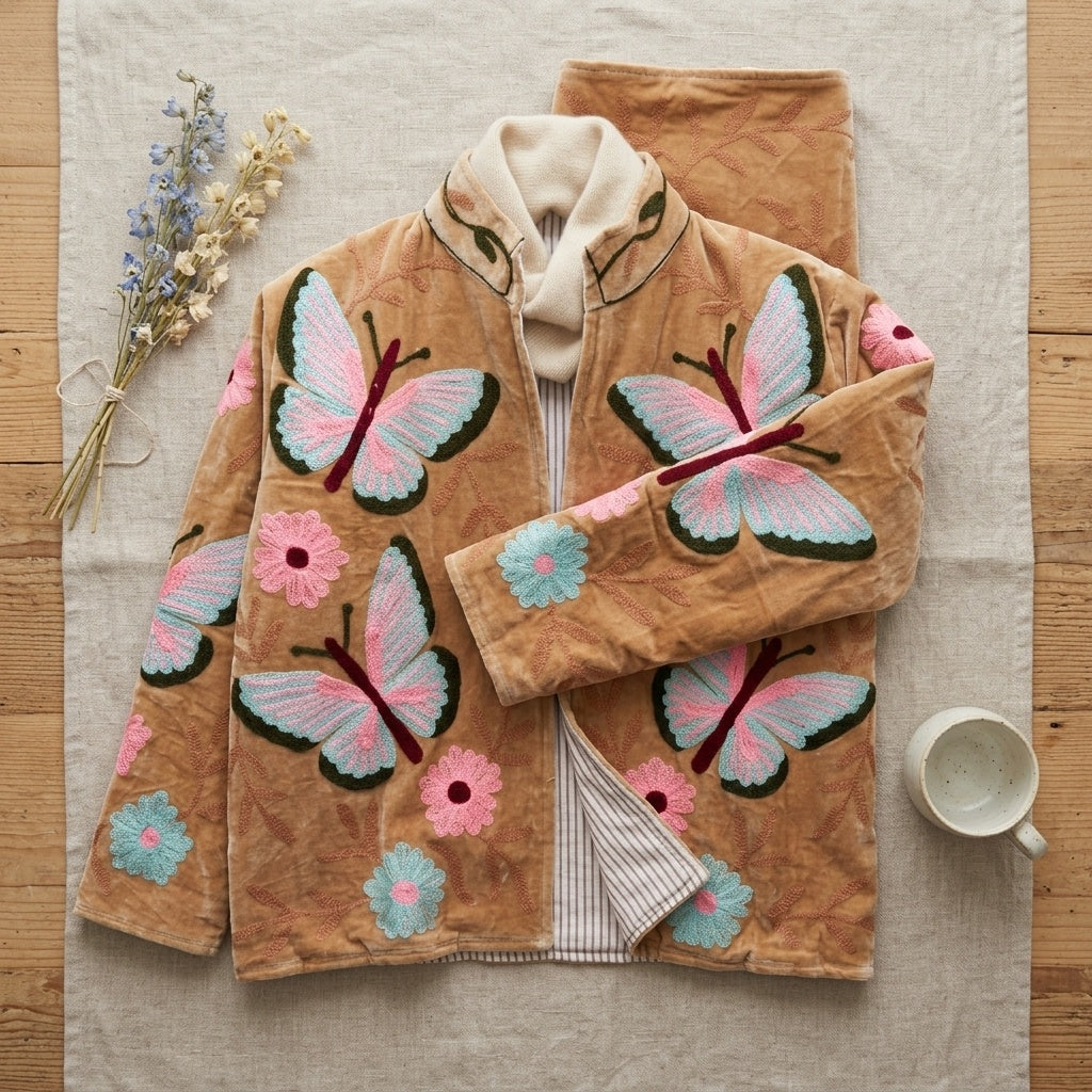 The Parwana Bostan — Suzani Hand-Embroidered Velvet Jacket — Camel Gold with Pink, Turquoise & Maroon Butterflies