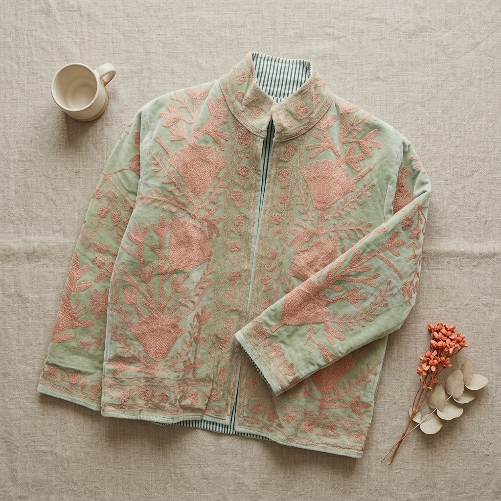 The Nasreen Orchard — Suzani Hand-Embroidered Velvet Jacket — Sage Green with Dusty Rose Florals