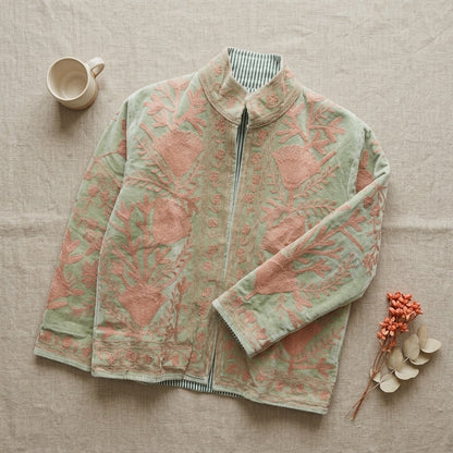 The Nasreen Orchard — Suzani Hand-Embroidered Velvet Jacket — Sage Green with Dusty Rose Florals