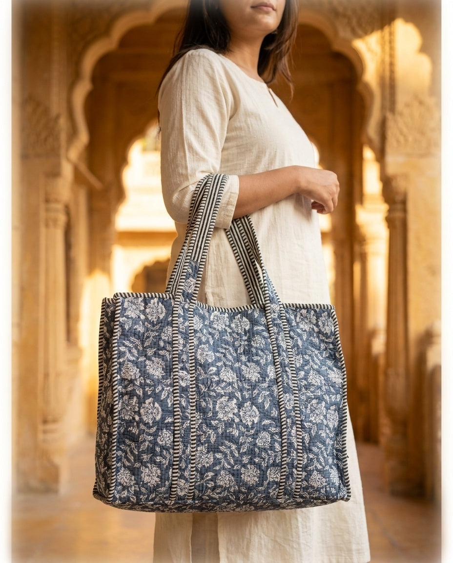 The Indigo Bagru Tote Set — Hand Block-Printed Quilted Cotton — Slate Blue & Ivory Floral