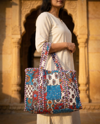 The Sanganeri Bloom — Hand Block-Printed Quilted Cotton Bag Set — Indigo, Marigold & Ruby Patchwork
