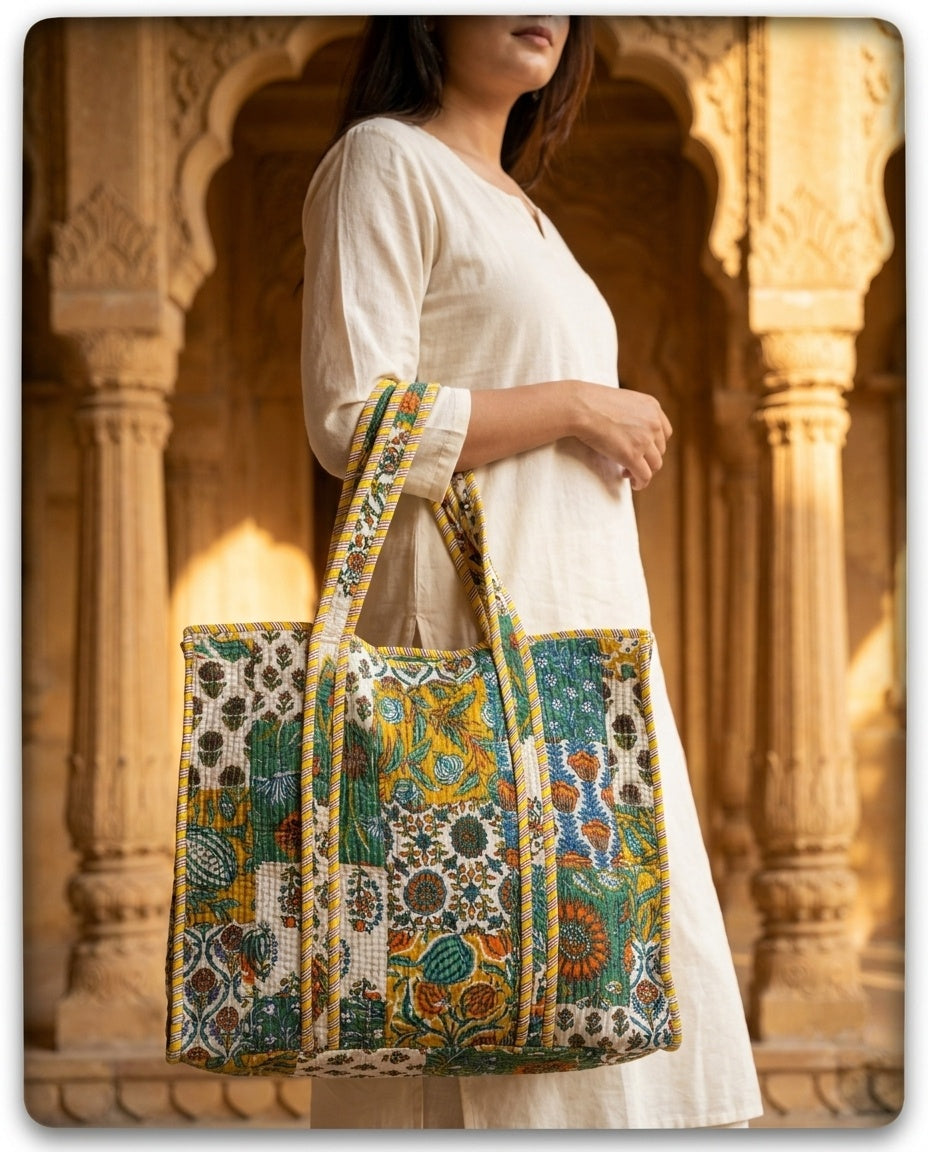 The Anaar Bagh — Hand Block-Printed Quilted Cotton Bag Set — Mustard, Emerald & Rust Florals