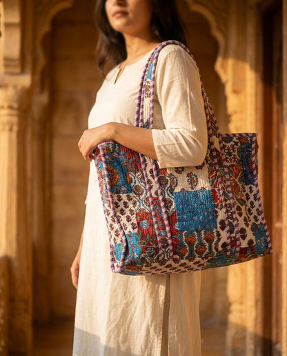 The Rajwada Patchwork — Kantha-Quilted Cotton Tote — Cerulean, Rust & Amethyst