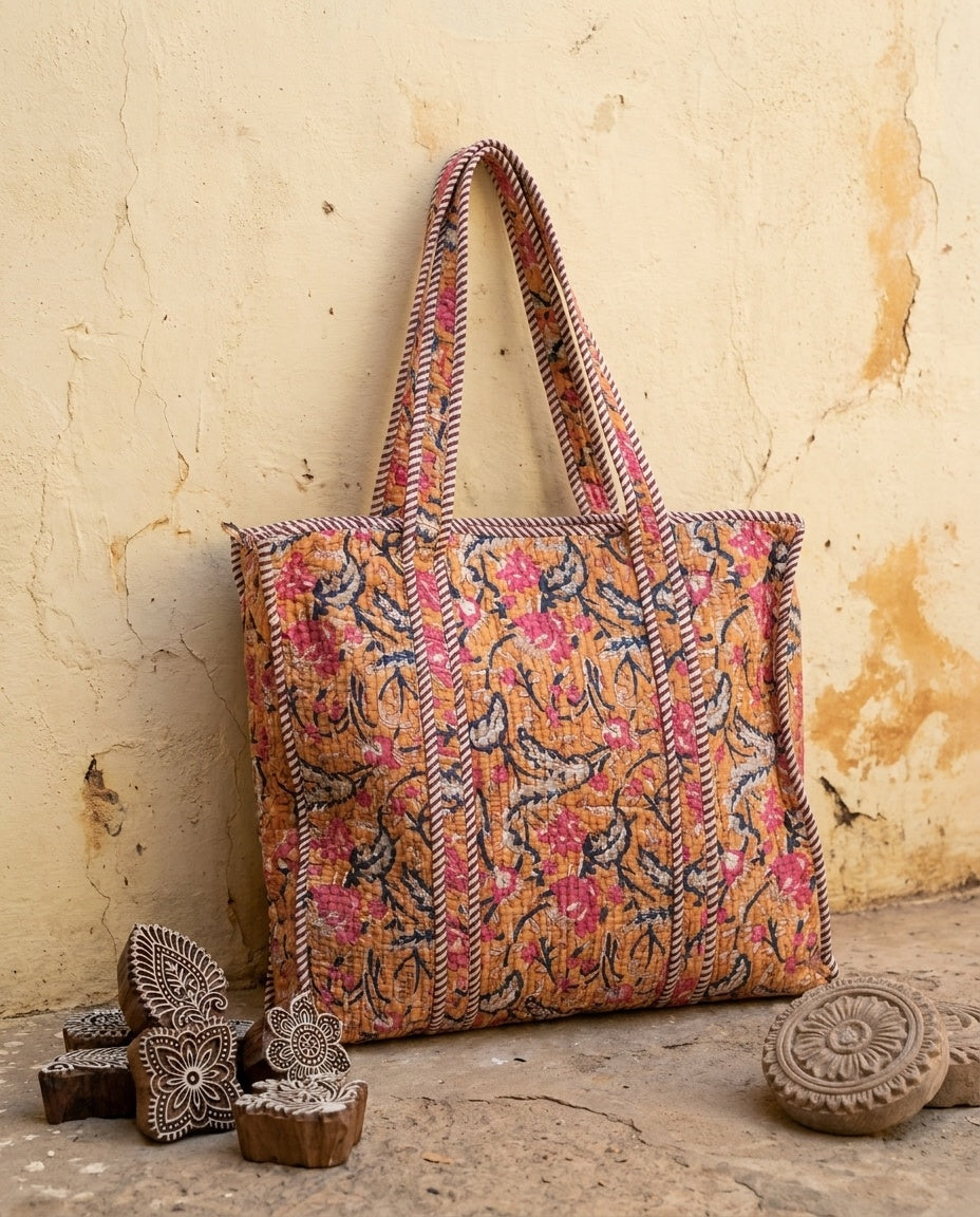 The Marwar Bloom — Kantha-Quilted Cotton Bag Set — Turmeric Yellow & Indigo Floral
