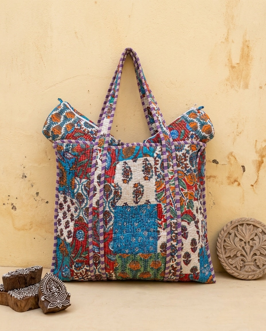 The Sanganeri Bloom — Hand Block-Printed Quilted Cotton Bag Set — Indigo, Marigold & Ruby Patchwork