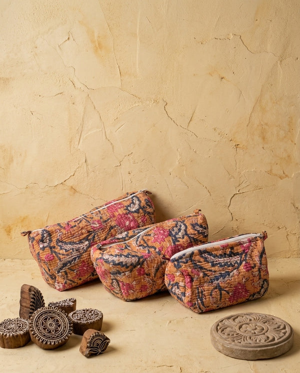 The Marigold Bagh — Hand Block-Printed Kantha Cotton Pouch — Saffron Yellow with Coral & Indigo Blooms