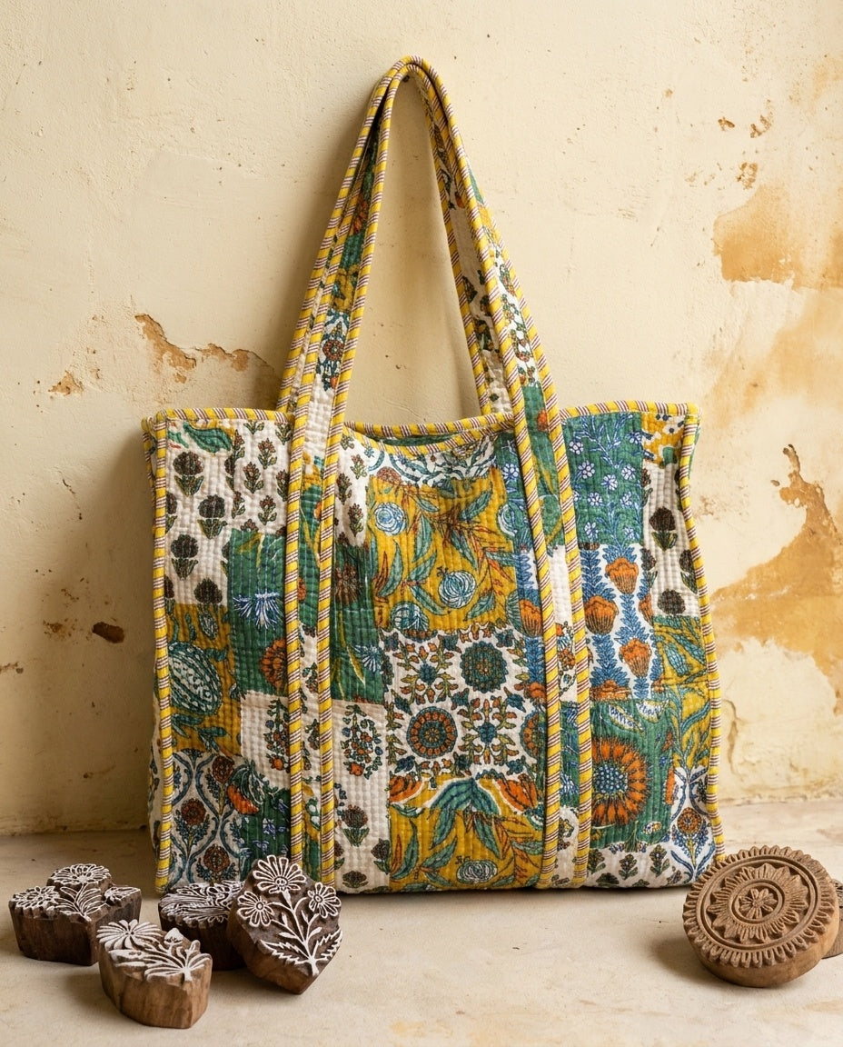 The Anaar Bagh — Hand Block-Printed Quilted Cotton Bag Set — Mustard, Emerald & Rust Florals