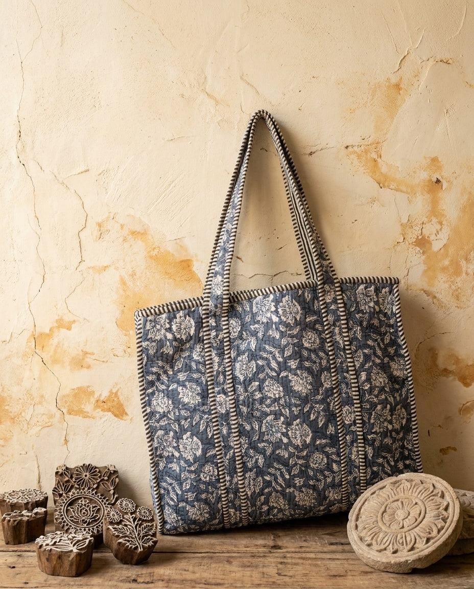 The Indigo Bagh — Hand Block-Printed Quilted Cotton Tote — Slate Blue Floral