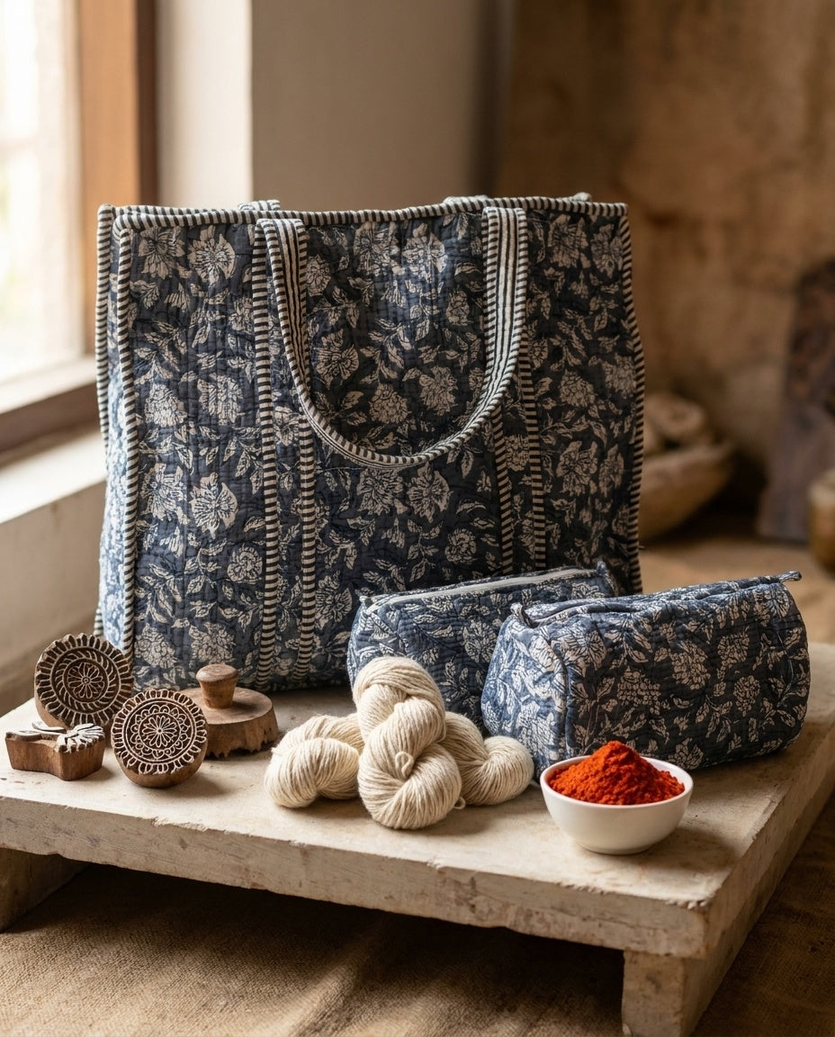 The Indigo Bagru Tote Set — Hand Block-Printed Quilted Cotton — Slate Blue & Ivory Floral