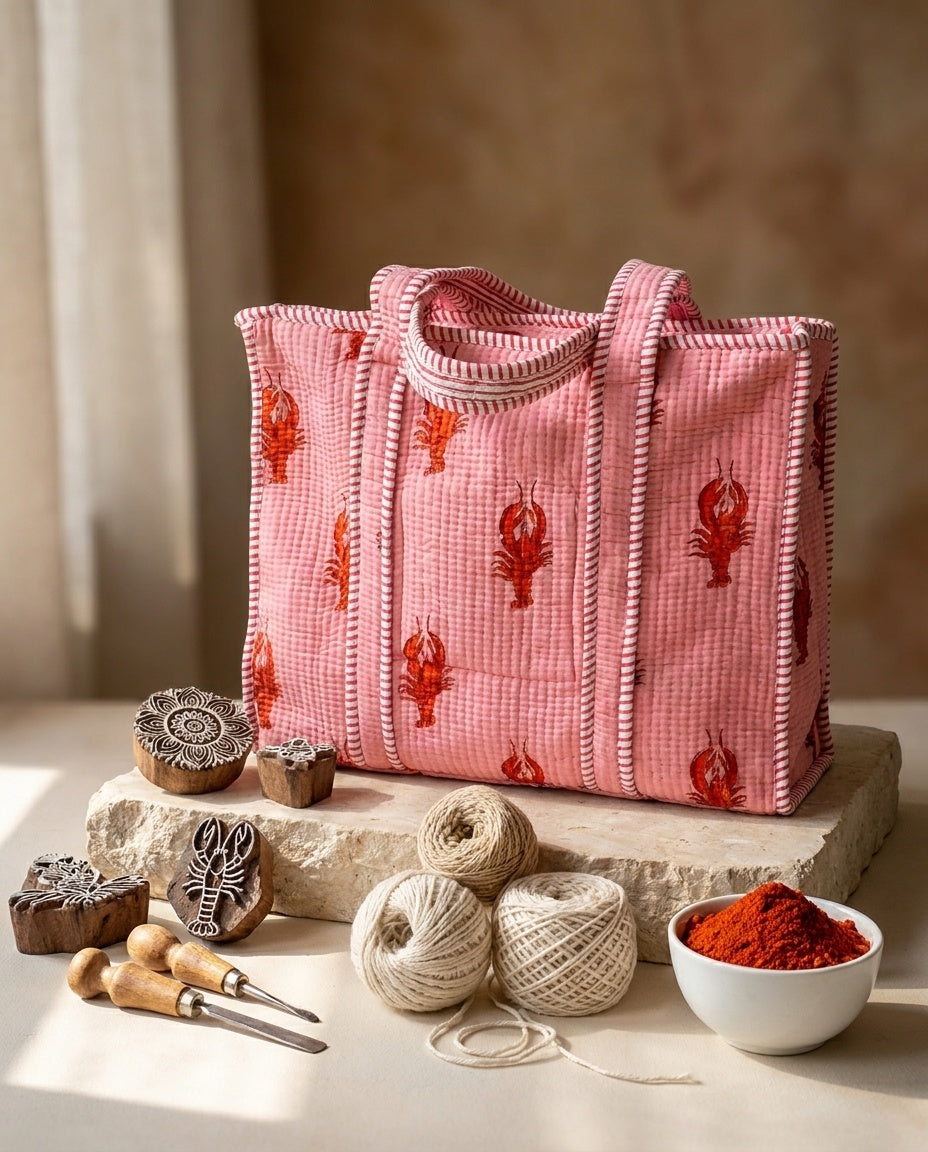 The Rani Crawford Tote — Hand Block-Printed Quilted Cotton Bag — Blush Pink with Crimson Lobster Motifs