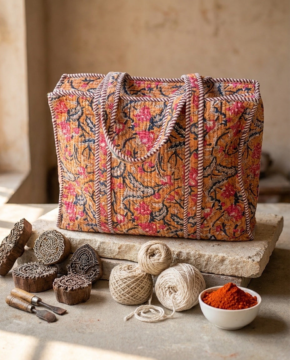 The Marigold Bagh — Hand Block-Printed Quilted Cotton Tote — Turmeric Yellow with Rose Pink & Indigo Florals