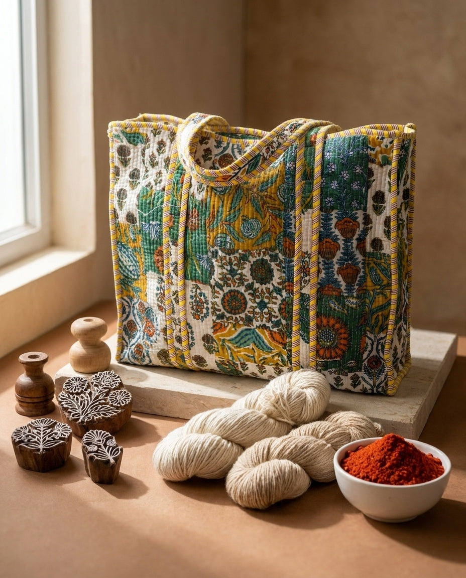 The Anaar Bagh — Hand Block-Printed Quilted Cotton Bag Set — Mustard, Emerald & Rust Florals