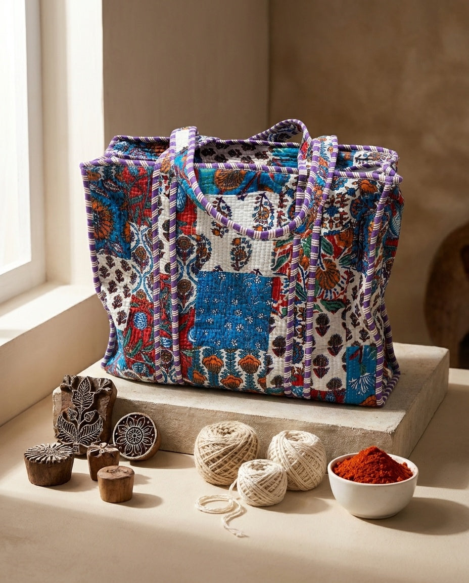 The Rajwada Patchwork — Kantha-Quilted Cotton Tote — Cerulean, Rust & Amethyst
