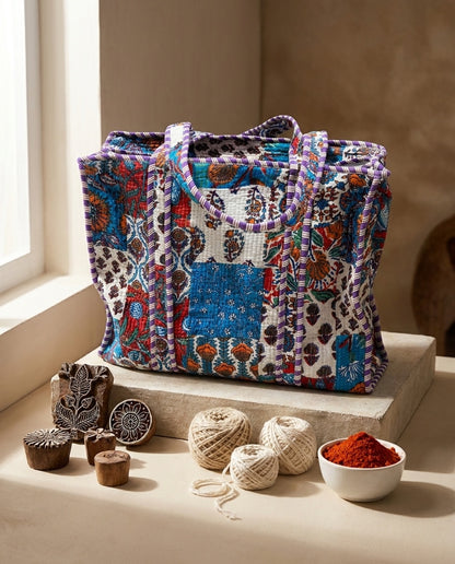 The Rajwada Patchwork — Kantha-Quilted Cotton Tote — Cerulean, Rust & Amethyst