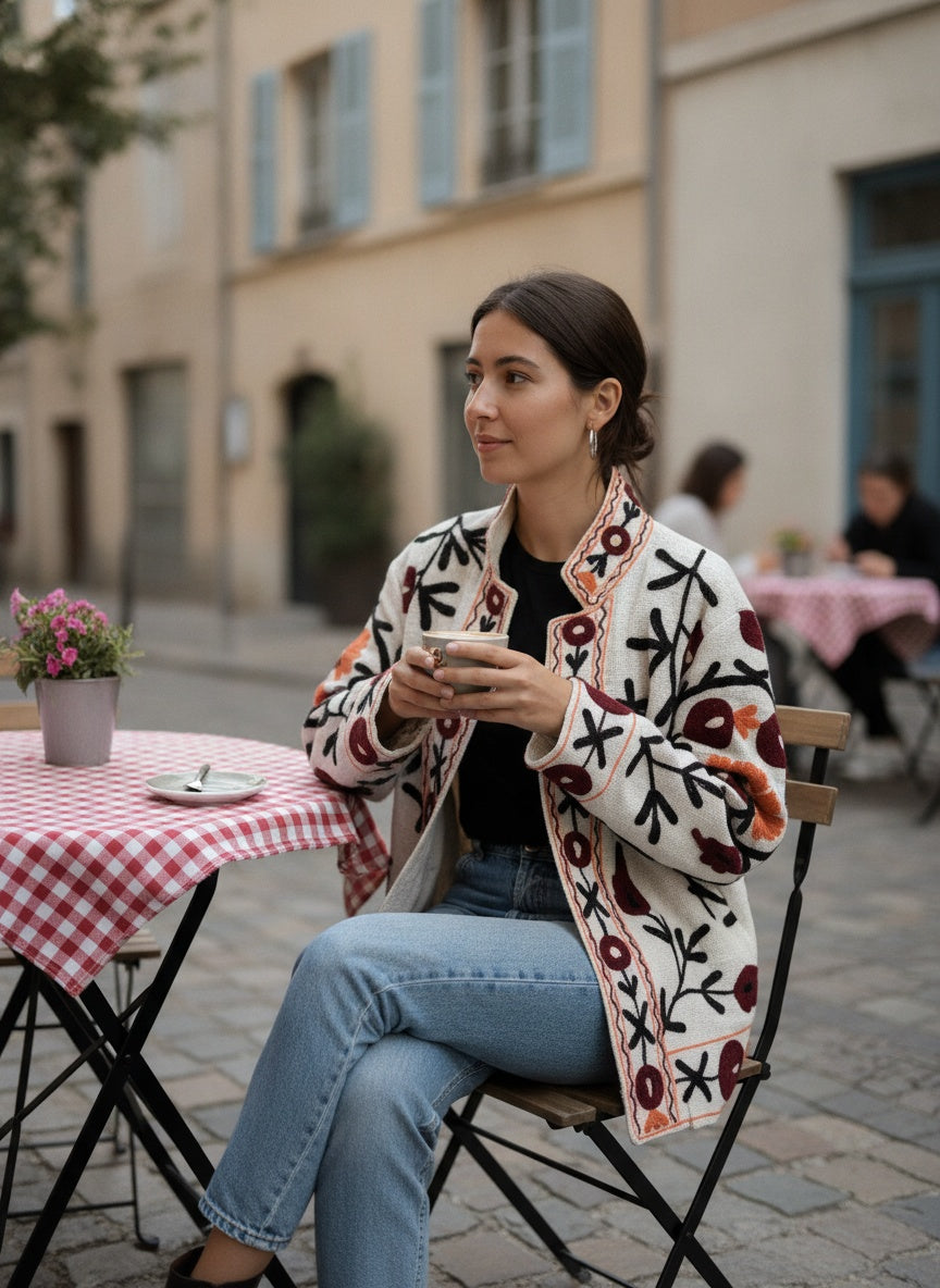 The Samarkand Bloom — Suzani Embroidered Cotton Jacket — Ivory with Burgundy & Rust Medallions