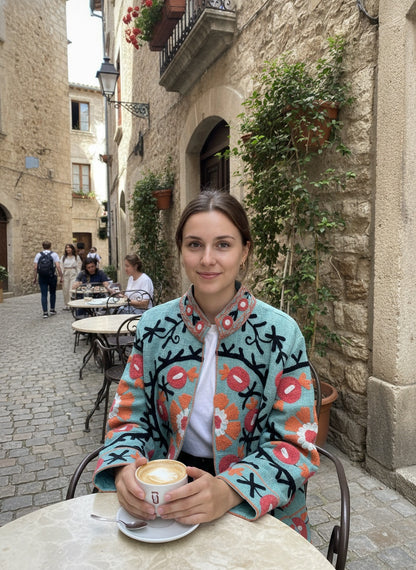 The Samarkand Bloom — Suzani Hand-Embroidered Cotton Jacket — Sage Green with Coral Pomegranates