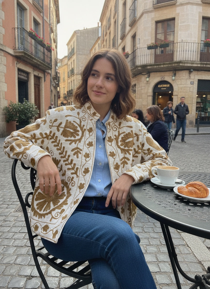The Bibi Marigold — Suzani Hand-Embroidered Cotton Jacket — Ivory & Olive Gold