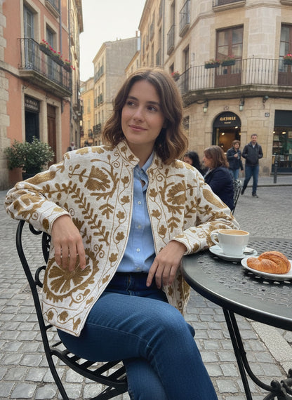 The Bibi Marigold — Suzani Hand-Embroidered Cotton Jacket — Ivory & Olive Gold