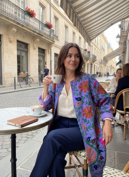 The Lavender Bagh — Suzani Hand-Embroidered Cotton Long Jacket — Lilac with Marigold & Fuchsia Florals