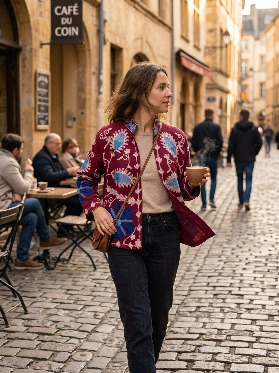 The Samarkand Bloom — Suzani Hand-Embroidered Cotton Jacket — Deep Maroon with Cornflower Blue