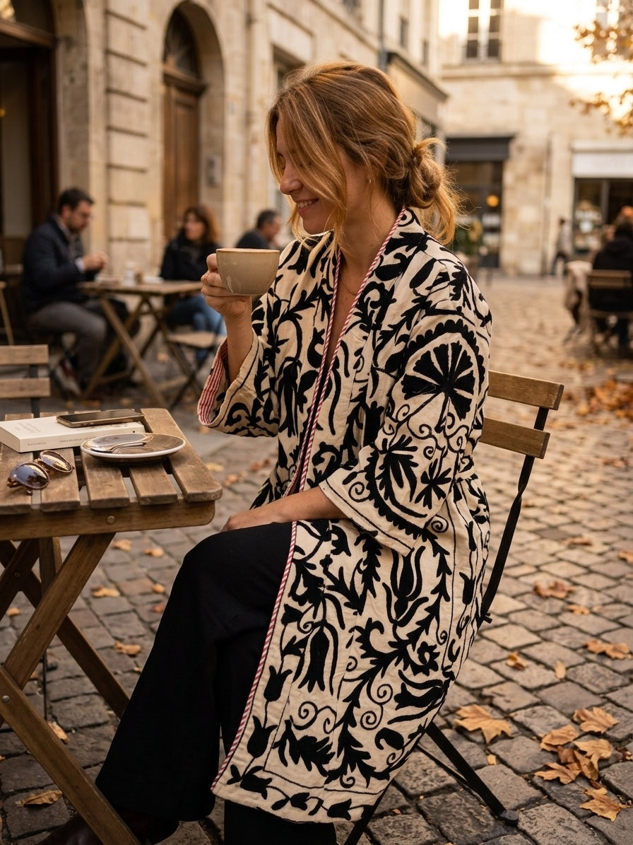 The Tulip Vine Kimono — Suzani Hand-Embroidered Cotton Jacket — Ivory & Ebony