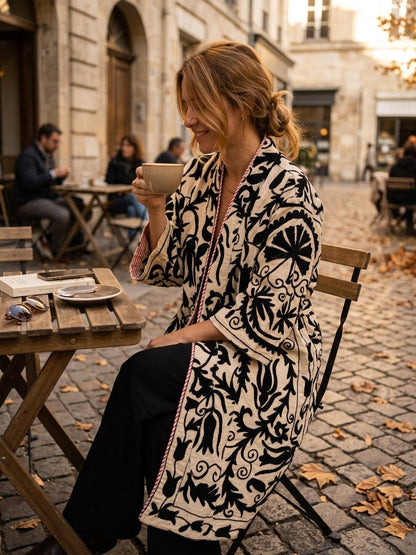 The Tulip Vine Kimono — Suzani Hand-Embroidered Cotton Jacket — Ivory & Ebony