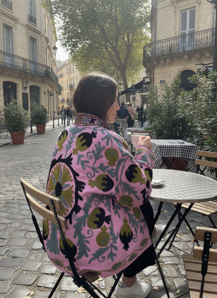 The Bagh-e-Anar — Hand-Embroidered Suzani Cotton Jacket — Orchid Pink with Olive & Slate Motifs