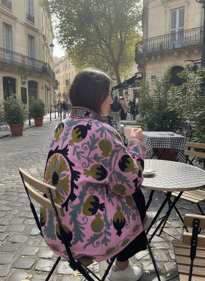 The Bagh-e-Anar — Hand-Embroidered Suzani Cotton Jacket — Orchid Pink with Olive & Slate Motifs