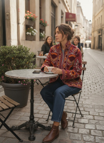 The Marigold Bloom — Suzani Embroidered Velvet Jacket — Rosewood Red with Amber & Burgundy Florals