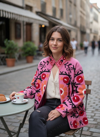 The Anaar Bagh — Suzani Embroidered Cotton Jacket — Blush Pink with Crimson Florals