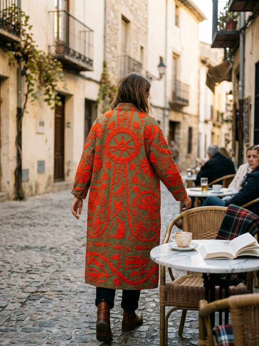 The Samarkand Sun — Suzani Embroidered Cotton Kimono — Olive & Vermillion