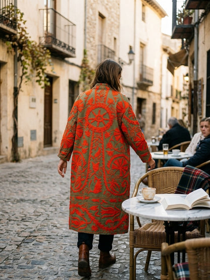 The Samarkand Sun — Suzani Embroidered Cotton Kimono — Olive & Vermillion