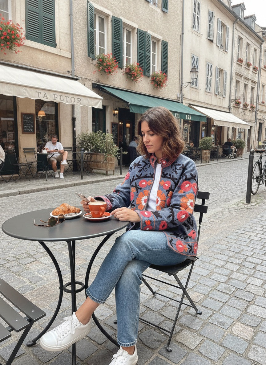 The Samarkand Bloom — Suzani Hand-Embroidered Cotton Jacket — Slate Blue with Coral & Marigold Florals