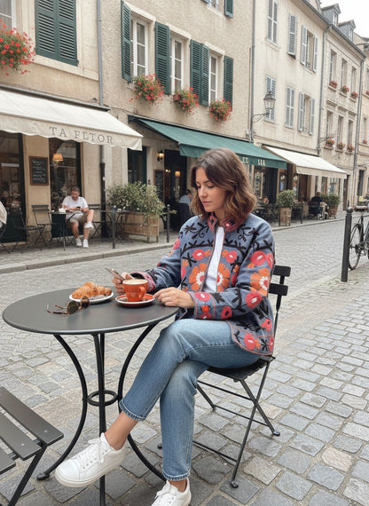 The Samarkand Bloom — Suzani Hand-Embroidered Cotton Jacket — Slate Blue with Coral & Marigold Florals
