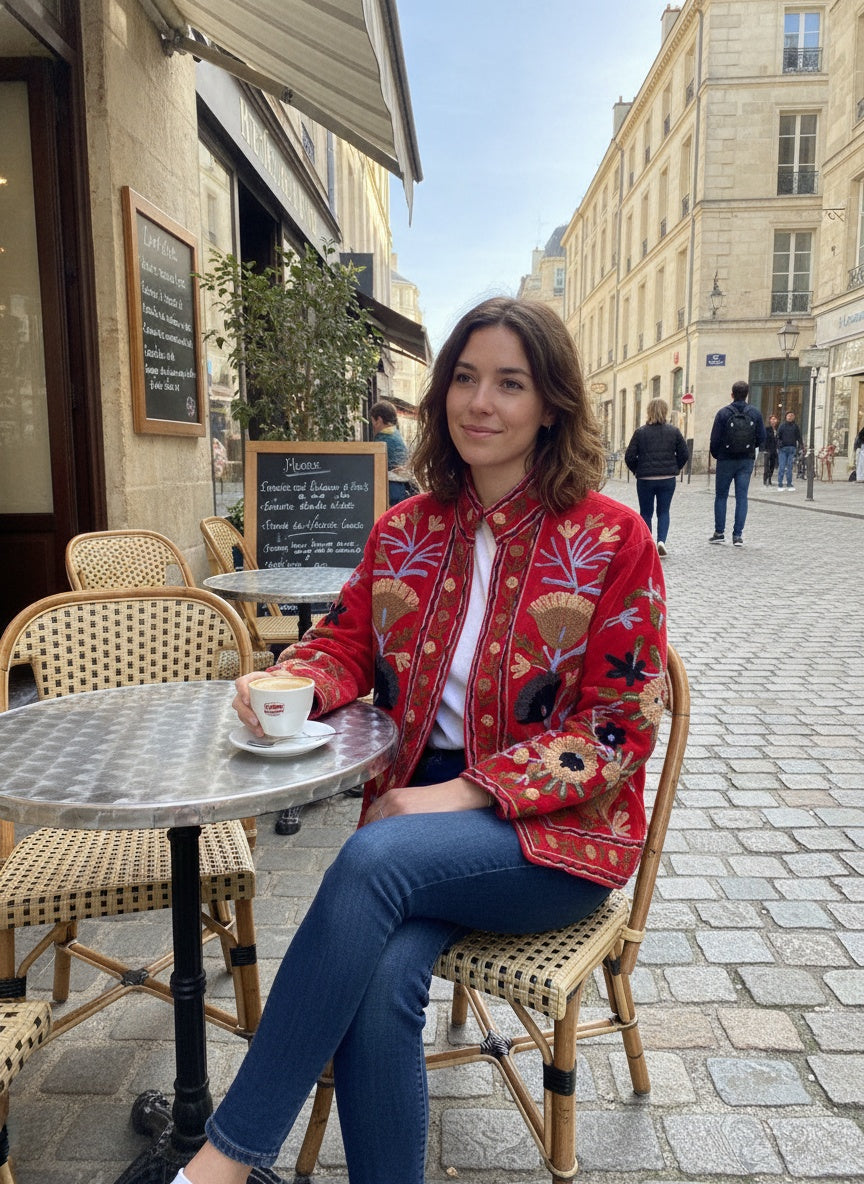 The Anaar Bloom — Suzani Embroidered Velvet Jacket — Crimson Red with Sage & Sand Florals