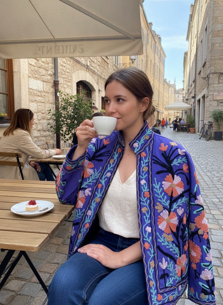 The Twilight Meadow — Suzani Embroidered Cotton Jacket — Violet & Coral Bloom