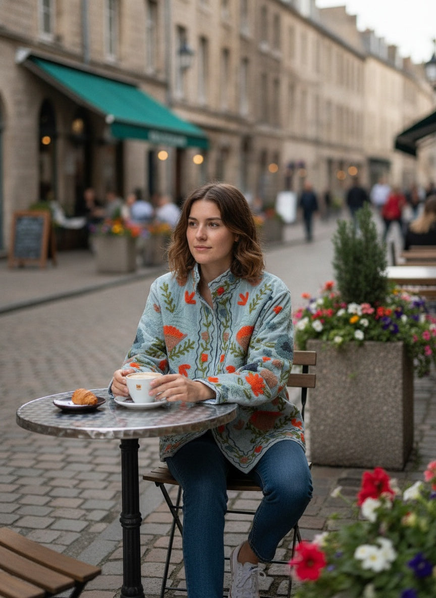 The Duskwing Bloom — Suzani Embroidered Velvet Jacket — Powder Blue