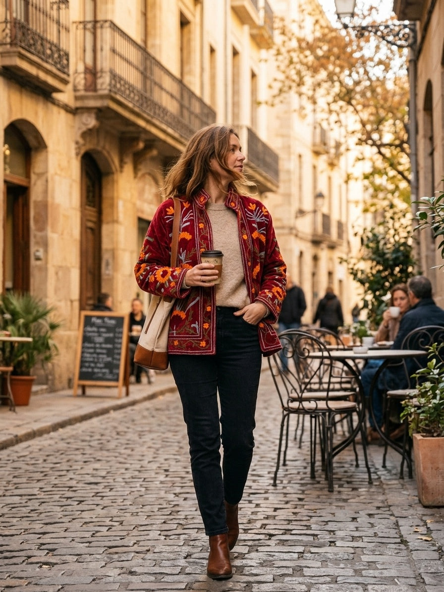 The Marigold Bagh — Suzani Embroidered Velvet Jacket — Deep Maroon with Marigold & Sky Blue Florals