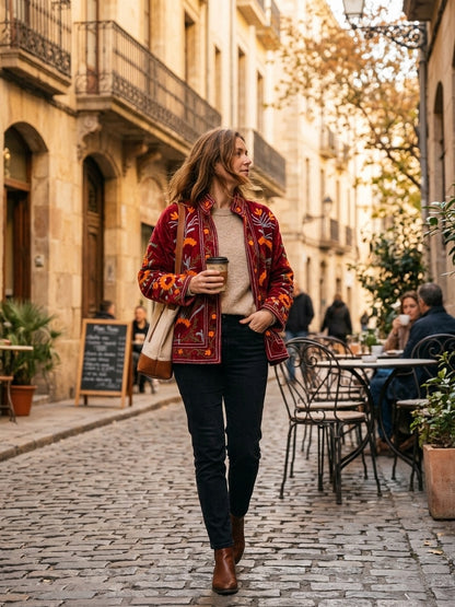 The Marigold Bagh — Suzani Embroidered Velvet Jacket — Deep Maroon with Marigold & Sky Blue Florals