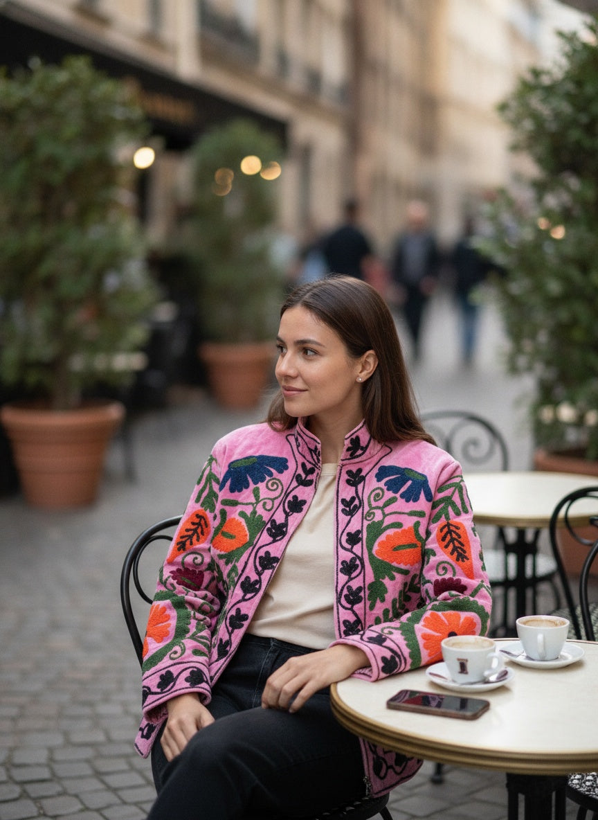 The Bibi Blossom — Suzani Embroidered Velvet Jacket — Bubblegum Pink