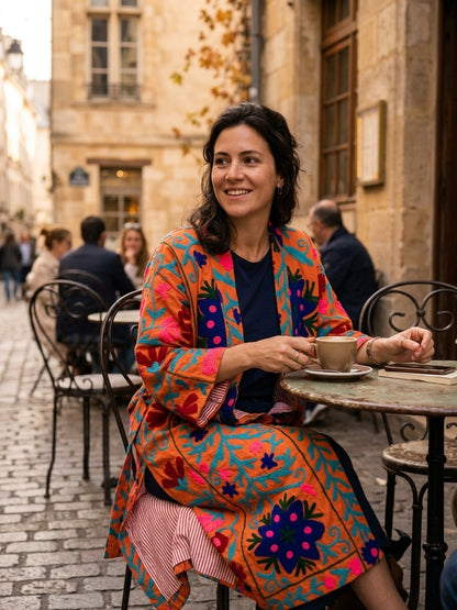 The Marigold Suzani — Hand-Embroidered Wool Kimono — Saffron Orange with Cobalt & Teal Florals
