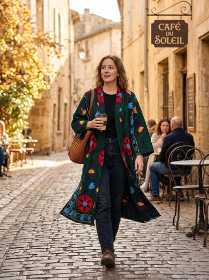 The Samarkand Bloom — Suzani Embroidered Cotton Kimono — Charcoal Grey with Crimson Florals