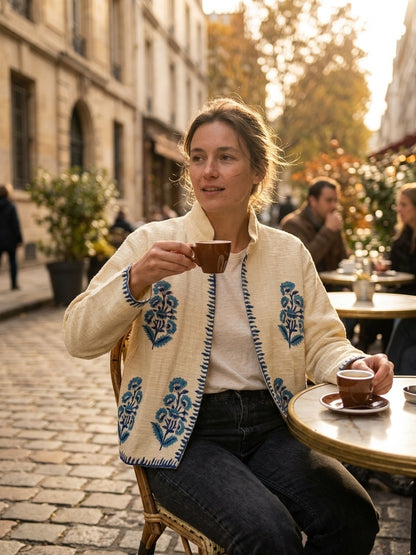 The Marigold Bagh — Suzani-Embroidered Handwoven Cotton Jacket — Ivory with Turquoise Blue