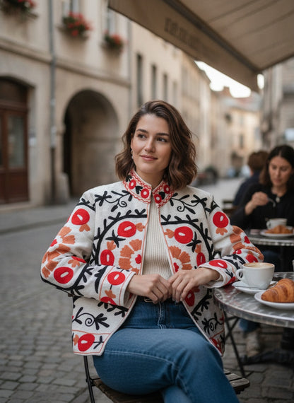 The Anar Bloom — Suzani Hand-Embroidered Cotton Jacket — Ivory with Vermilion & Ochre