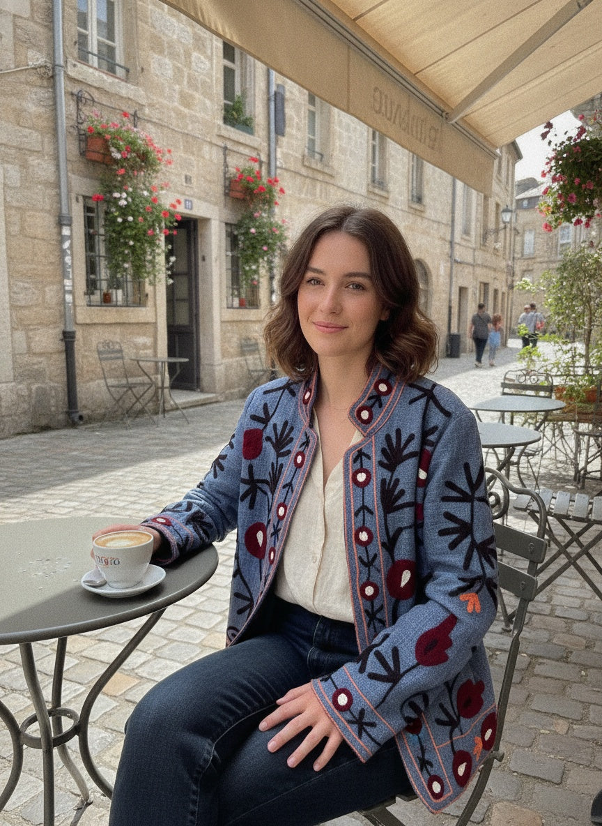 The Chambelí Suzani — Hand-Embroidered Cotton Jacket — Dusty Blue with Maroon & Coral Bloom