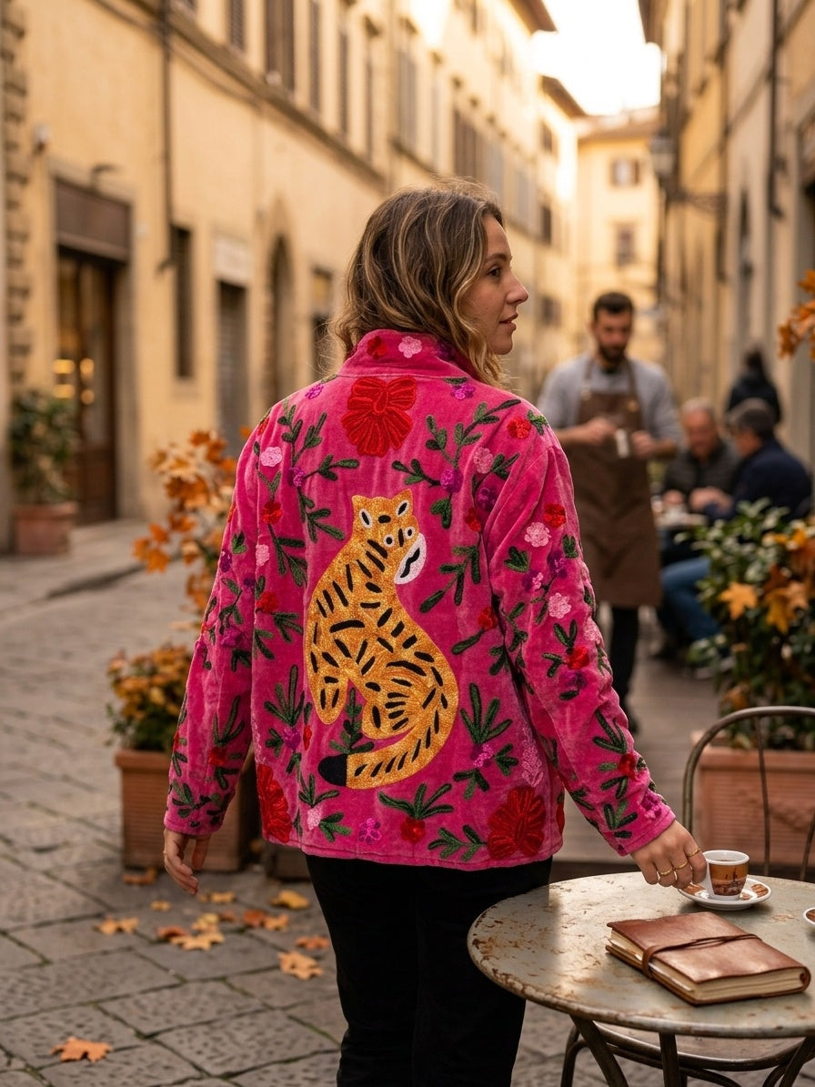 The Bengal Bloom — Suzani Embroidered Velvet Jacket — Fuchsia Pink with Amber Tiger