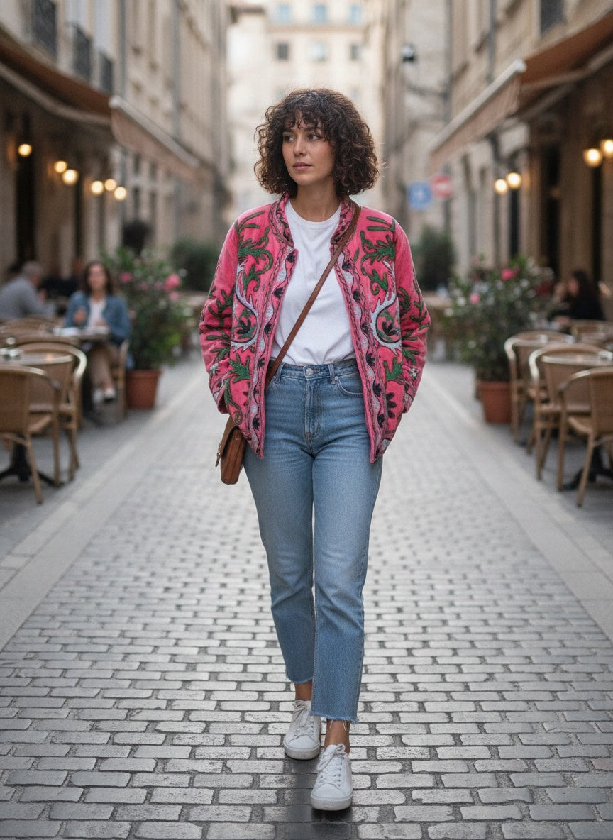 The Bagh-e-Rajasthan — Suzani Embroidered Velvet Jacket — Rani Pink
