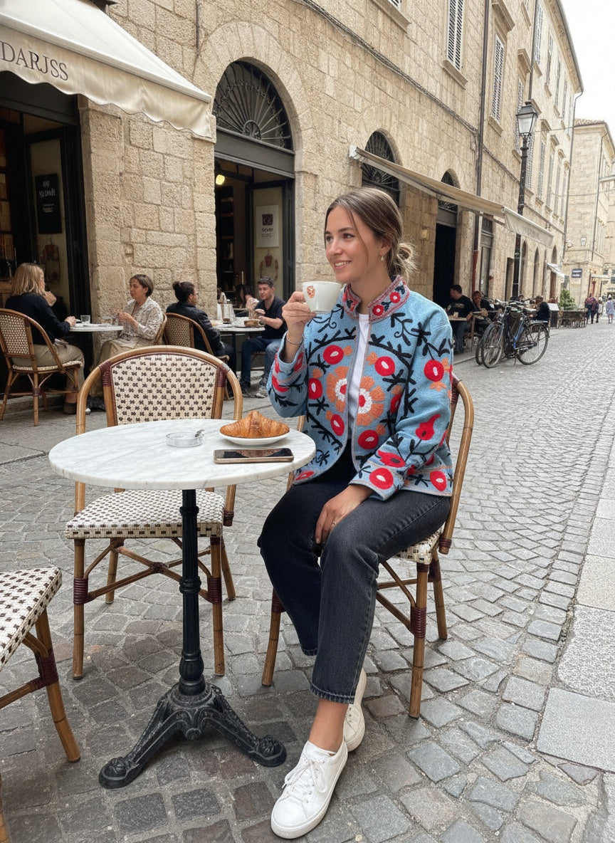 The Samarkand Bloom — Suzani Hand-Embroidered Cotton Jacket — Sky Blue with Crimson Pomegranates