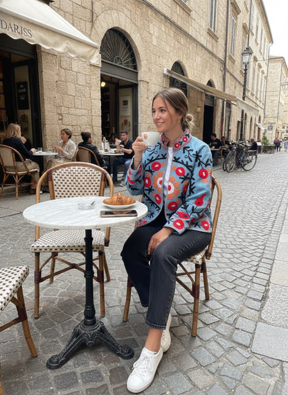 The Samarkand Bloom — Suzani Hand-Embroidered Cotton Jacket — Sky Blue with Crimson Pomegranates